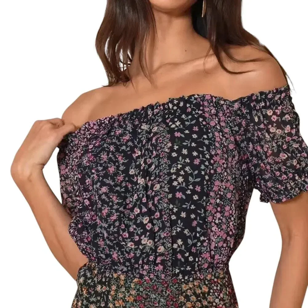Lulus Maxi Dress Sz L Boho Ditsy Floral Patchwork Print Slit Off Shoulder NWT - Picture 2 of 7